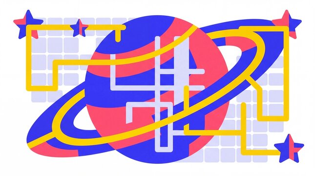 Abstract cosmic illustration featuring a stylized planet with rings and a maze-like path connecting stars.