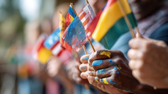 Medium shot of a multicultural group holding painted flags focused hands and flags background intentionally blurred to showcase global togetherness.