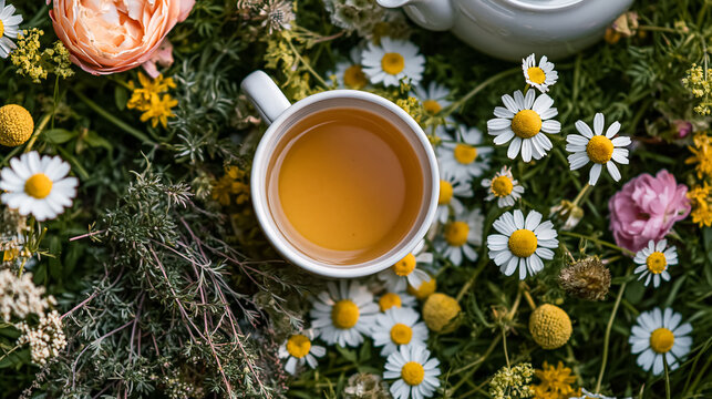 Cup of herbal tea sitting in a lush green meadow, surrounded by delicate chamomile, wild flowers, and aromatic herbs