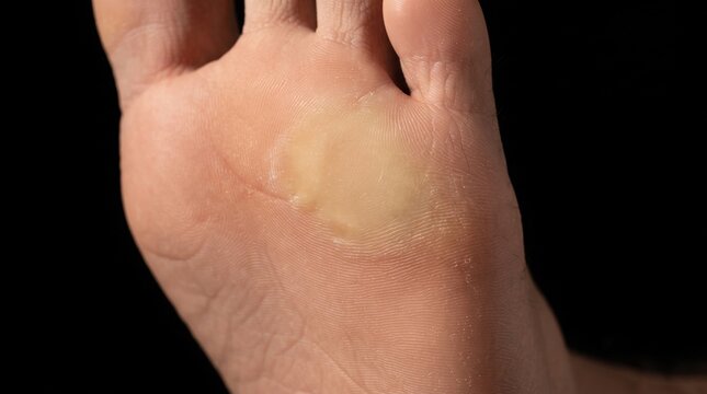 Extreme close-up of a human foot sole showing a large yellow callus or blister