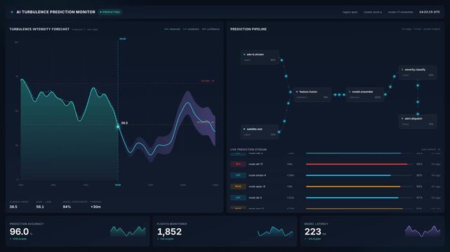 Ai turbulence prediction monitor dashboard with forecast graph data pipeline, for aviation safety, machine learning, real time analytics, flight risk management