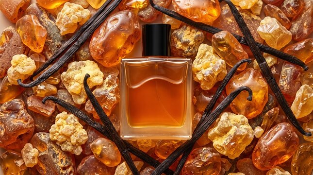 Amber perfume bottle surrounded by vanilla pods and golden aromatic resin ingredients