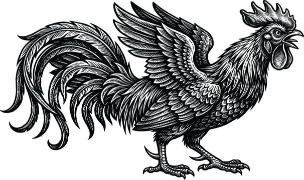 Detailed black ink vintage engraving of a fierce rooster crowing with outstretched wings and long flowing tail