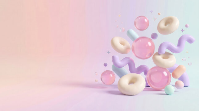 Abstract 3D background with floating soft pastel shapes, jelly donuts, glass spheres, and copy space for text