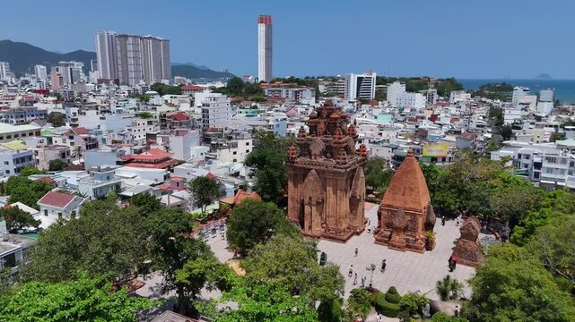 Ponagar (Po Nagar) towers and bridge across Cai river in Nha Trang city, Vietnam
