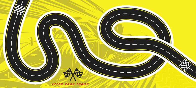 Speed Race Background. Race track in black color with tyre marks and city map on a white background.