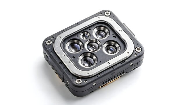 Advanced Multi-Lens Optical Camera Module with Precision Glass Lenses and Metallic Housing Isolated on White