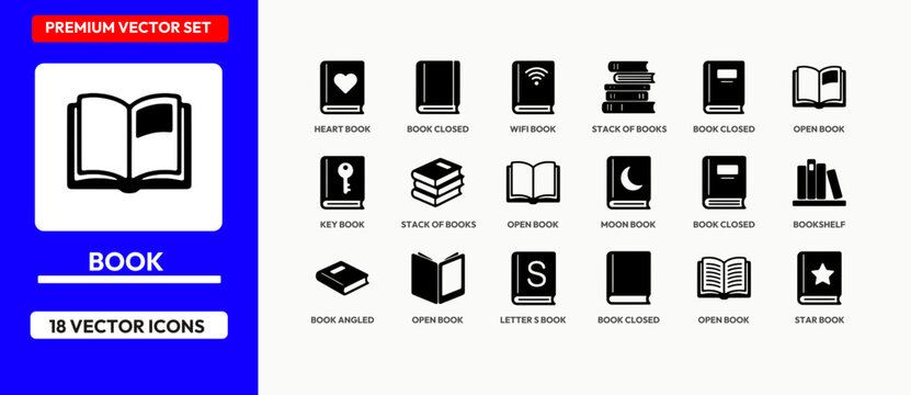 book vector icons set including open books closed books and bookshelves for education.