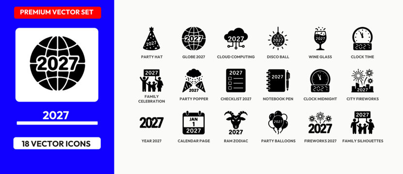 2027 new year celebration vector icons set including party hat globe and fireworks.