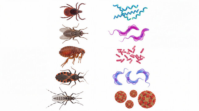 3D illustration set of disease vectors and pathogens, including a tick, tsetse fly, flea, kissing bug, and mosquito alongside bacteria, viruses, and parasites like borrelia, trypanosoma, and plasmodiu
