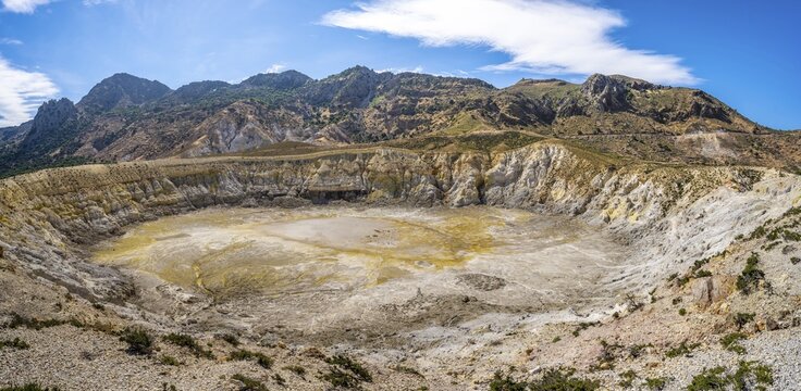 Caldera volcano with pumice fields, yellow coloured sulphur stones, Stefanos crater, Nisyros, Dodecanese, Greece