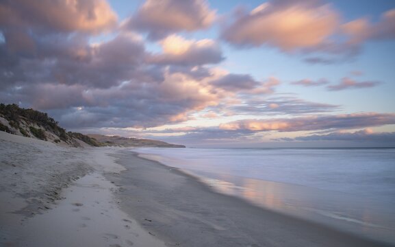 Sandy beach beach at sunset, Saint Clair Beach, Dunedin, Otago Peninsula, Otago, South Island, New Zealand