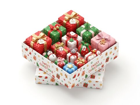 Christmas Gift Box, Presents and Cute Holiday Decorations. for Christmas greeting cards, holiday gift promotions, seasonal advertising, festive shopping campaigns, gift wrapping inspiration, children