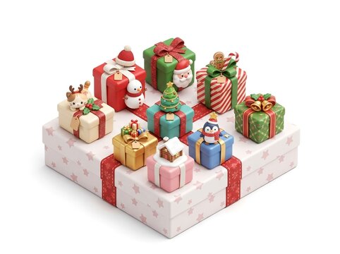 Christmas Gift Box, Presents and Cute Holiday Decorations. for Christmas greeting cards, holiday gift promotions, seasonal advertising, festive shopping campaigns, gift wrapping inspiration, children
