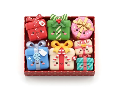 Christmas Gift Box, Presents and Cute Holiday Decorations. for Christmas greeting cards, holiday gift promotions, seasonal advertising, festive shopping campaigns, gift wrapping inspiration, children