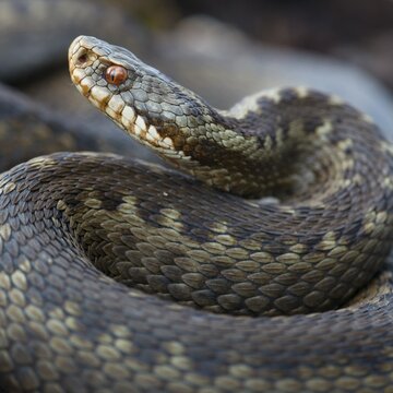 Portrait of a Common European viper (Vipera berus) in the moor, Oldenburger M&uuml;nsterland, Goldenstedt, Lower Saxony, Germany