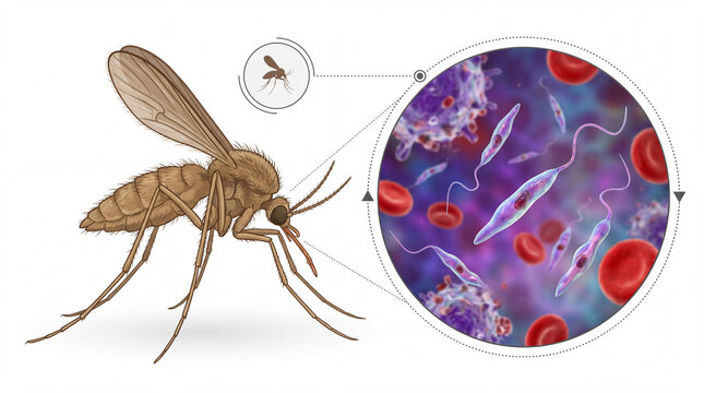 Medical illustration of a phlebotomine sandfly with a circular inset magnifying flagellated Leishmania promastigote parasites inside a host's bloodstream, representing leishmaniasis transmission
