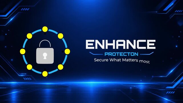 Enhance protection futuristic animation with padlock and glowing yellow nodes ring, secure what matters cyber security concept on dark blue neon tech background