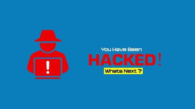 You have been hacked animation on blue background with red hacker silhouette, cyber attack warning alert, cyber security motion graphics