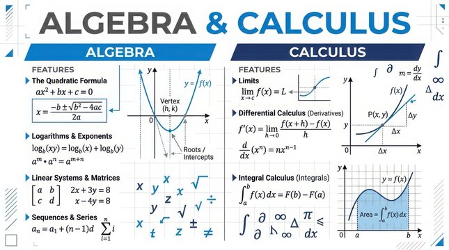 Algebra and calculus educational chart with mathematical formulas and geometric graphs displayed
