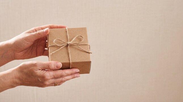 Person holding a small kraft paper gift box with a twine bow