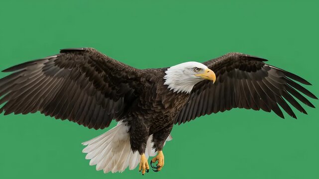 Bald eagle flying on green background

