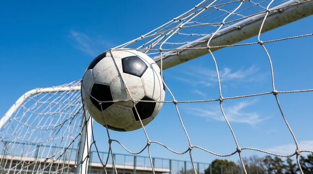 Soccer ball caught in net.
