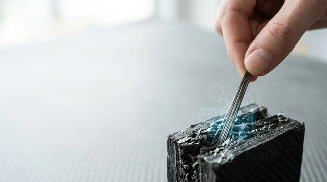 Advanced composite recycling concept as a hand draws carbon-fiber strands from a broken composite piece, suggesting high-value fiber recovery