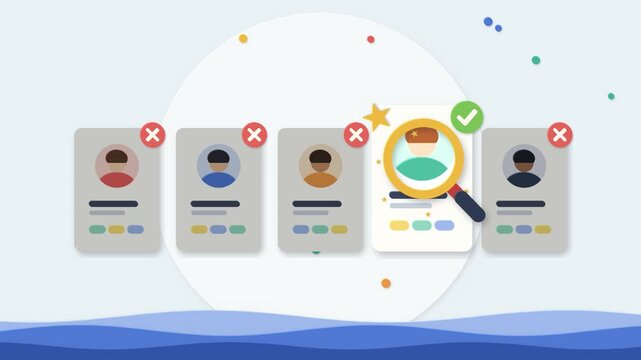 Employee search animation, magnifying glass selecting best candidate among rejected applicant profiles, paper cut style 4K recruitment video for HR departments