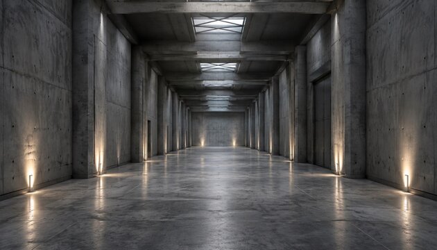 Empty modern concrete hall with skylights and minimalist lighting