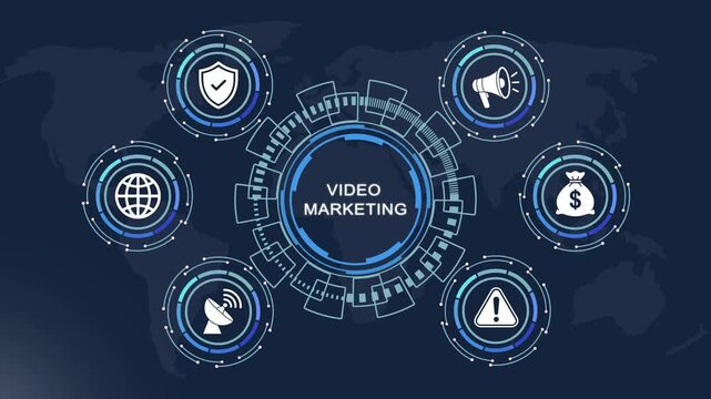Dynamic marketing strategy infographic with animated digital hud interface, global connectivity business growth analytics, and futuristic technology for corporate presentations