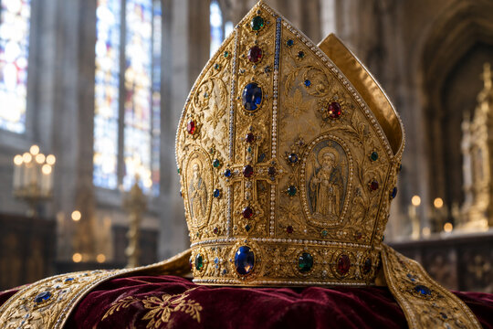 Ornate golden bishop's mitre with gemstones on velvet in cathedral light.
