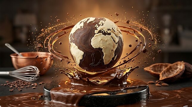 Molten chocolate globe splash with cocoa pods and kitchen tools, warm lighting, confectionery concept