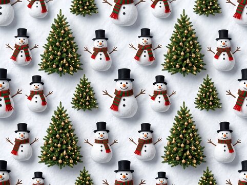 Christmas Snowman and Decorated Evergreen Tree Seamless Winter Holiday Pattern. Christmas wrapping paper, seasonal fabric prints, textile design, scrapbook backgrounds, greeting cards, gift packaging