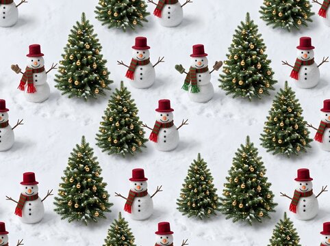 Christmas Snowman and Decorated Evergreen Tree Seamless Winter Holiday Pattern. Christmas wrapping paper, seasonal fabric prints, textile design, scrapbook backgrounds, greeting cards, gift packaging