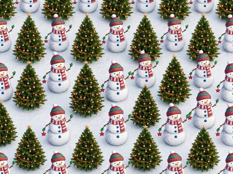 Christmas Snowman and Decorated Evergreen Tree Seamless Winter Holiday Pattern. Christmas wrapping paper, seasonal fabric prints, textile design, scrapbook backgrounds, greeting cards, gift packaging