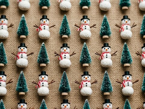 Christmas Snowman and Decorated Evergreen Tree Seamless Winter Holiday Pattern. Christmas wrapping paper, seasonal fabric prints, textile design, scrapbook backgrounds, greeting cards, gift packaging