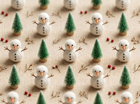 Christmas Snowman and Decorated Evergreen Tree Seamless Winter Holiday Pattern. Christmas wrapping paper, seasonal fabric prints, textile design, scrapbook backgrounds, greeting cards, gift packaging