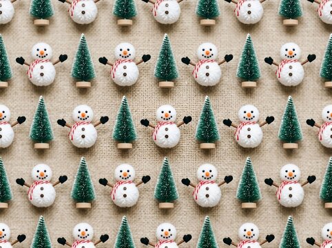 Christmas Snowman and Decorated Evergreen Tree Seamless Winter Holiday Pattern. Christmas wrapping paper, seasonal fabric prints, textile design, scrapbook backgrounds, greeting cards, gift packaging