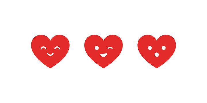 Three happy red heart icons with cute faces on transparent background.