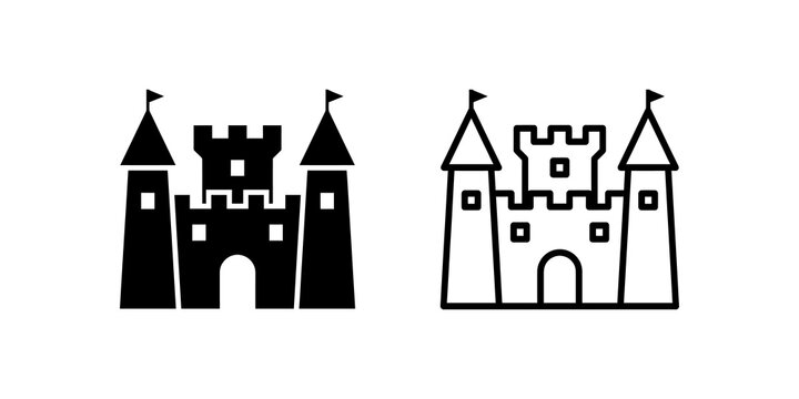 Castle icons solid and outline representing history and fantasy.