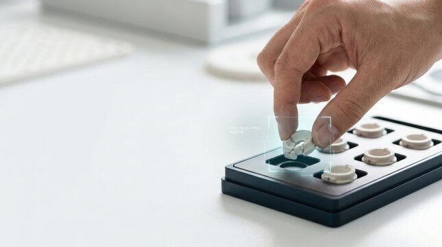 A person's hand removing a defective ceramic component from a pill button in the context of product recalls and quality control