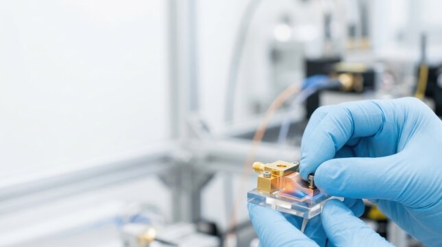 Quantum computing infrastructure and precision cryogenic engineering, suggested by gloved-hand assembly of a miniature component in a laboratory