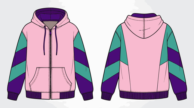 Colorblocked cotton hoodie in front and back view with geometric color panels, concept for modern street fashion design, clothing manufacturer portfolio and apparel collection presentation