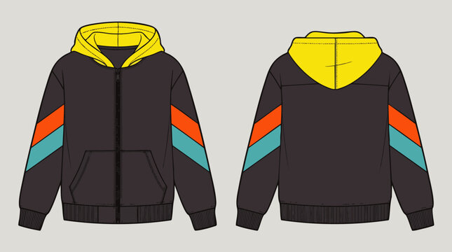 Modern streetwear hoodie with bright contrasting color sleeves and detailed zipper, concept for apparel fashion design, clothing brand catalog and youth sportswear collection