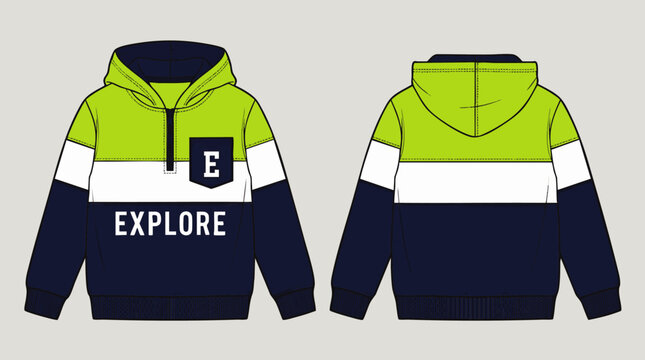 Modern green hoodie with contrasting color blocks and typography detail, concept for youth apparel design, fashion mockup and casual wear collection