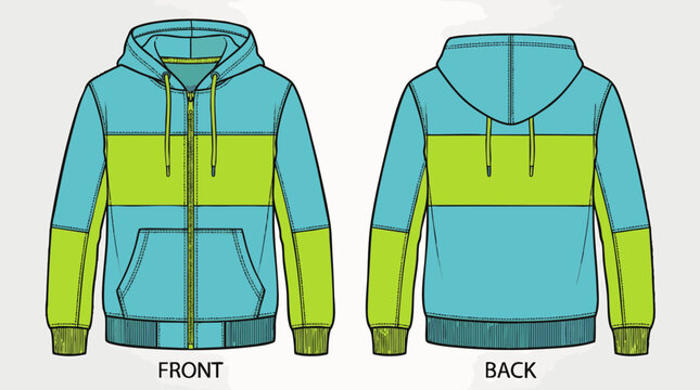 Cyan fleece hoodie with color block design in front and back views, concept for modern apparel production, casual wear design and textile manufacturing