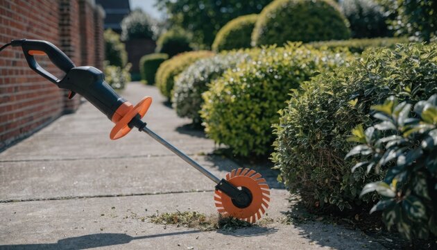 Garden trimmer shapes planted borders along a suburban walkway during routine landscape maintenance.