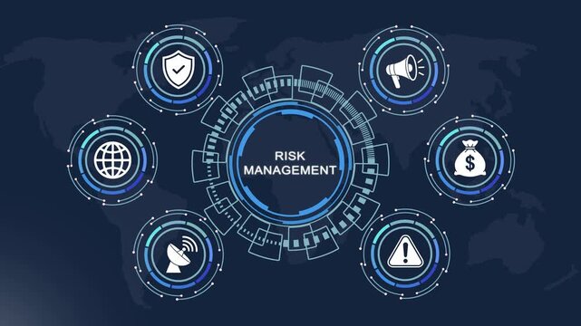 Dynamic risk management digital interface featuring animated global business financial security symbols, and cyber threat warning alerts for corporate strategy, data protection, and economic analysis