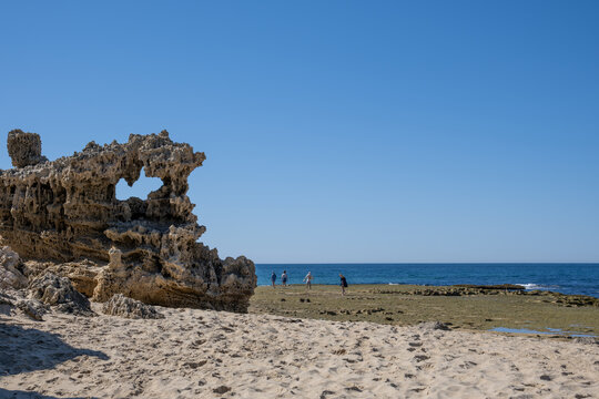 Weathered limestone rock formation at Point Roadknight in Anglesea, Victoria, Australia, along the Great Ocean Road, tourists walking along the rocky intertidal platform beside blue ocean